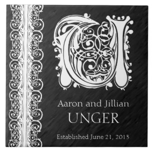 U Monogram "White Lace on Black" Hochzeitszange Fliese