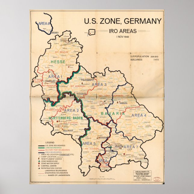 U.S. Zone, Deutschland IRO Areas Map (1. November  Poster (Vorne)