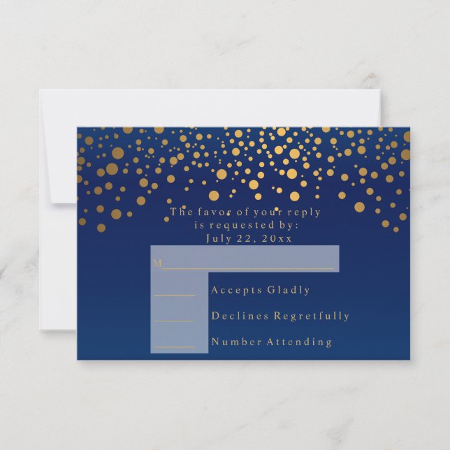 UAWG 2 Navy Blue & Confetti Gold Dot Wedding RSVP Karte (Vorderseite)