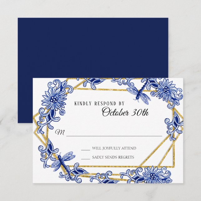 UAWG Asian Influenza Navy Blue Floral Chinoiserie Einladung (Vorne/Hinten)