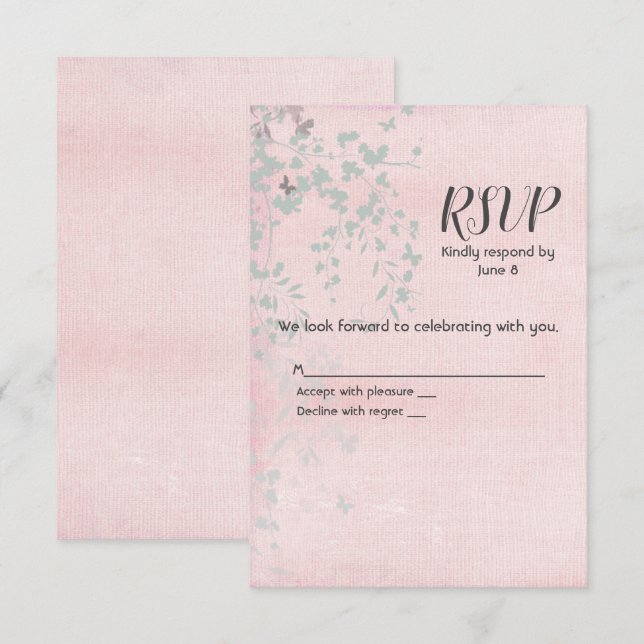 UAwg aus rosa und silberfarbenem Leaf RSVP Karte (Vorne/Hinten)