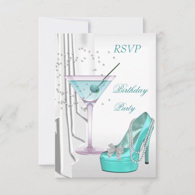 UAWG Birthday Party White Aquamarin Martini Pearl  Einladung (Vorderseite)