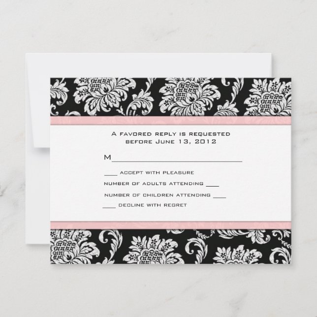 UAWG Black and Light Pink Damask RSVP Karte (Vorderseite)