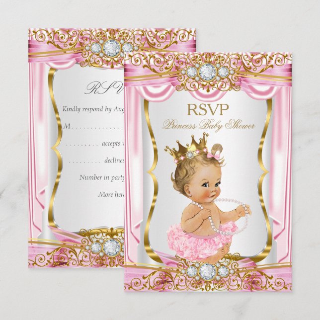 UAWG Blonde Girl Princess Kinderdusche Rosa Seide Einladung (Vorne/Hinten)