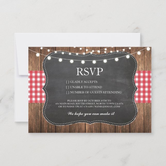 UAWG Chalk Wedding Wood Rustic Red Karo Cards RSVP Karte (Vorderseite)