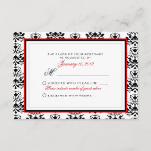 UAwg Custom White & Black Damask Red Accent RSVP Karte
