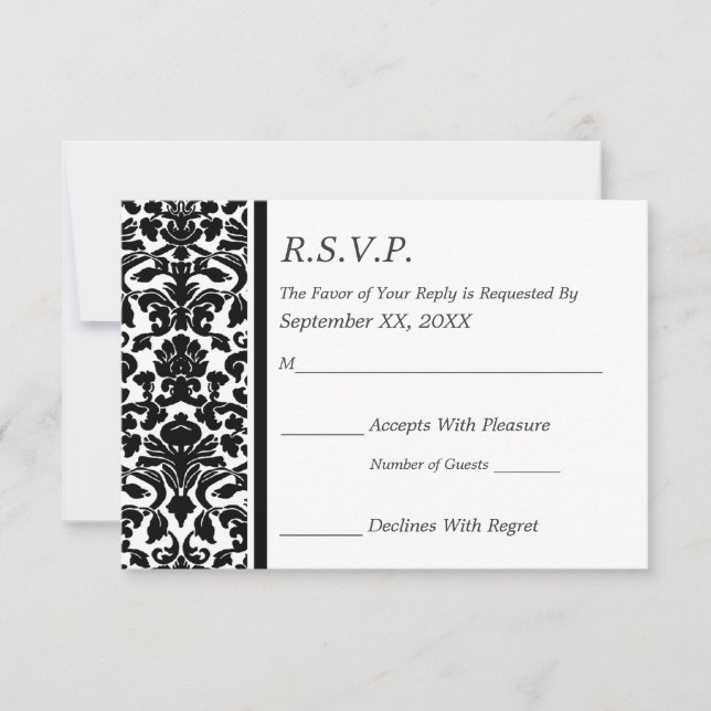 UAWG Damask Black and White Wedding RSVP Karte (Vorderseite)