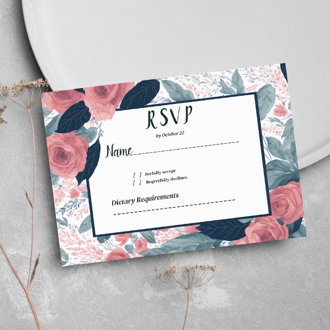 UAwg Einladung (Watercolor navy blue mauve pink floral RSVP )