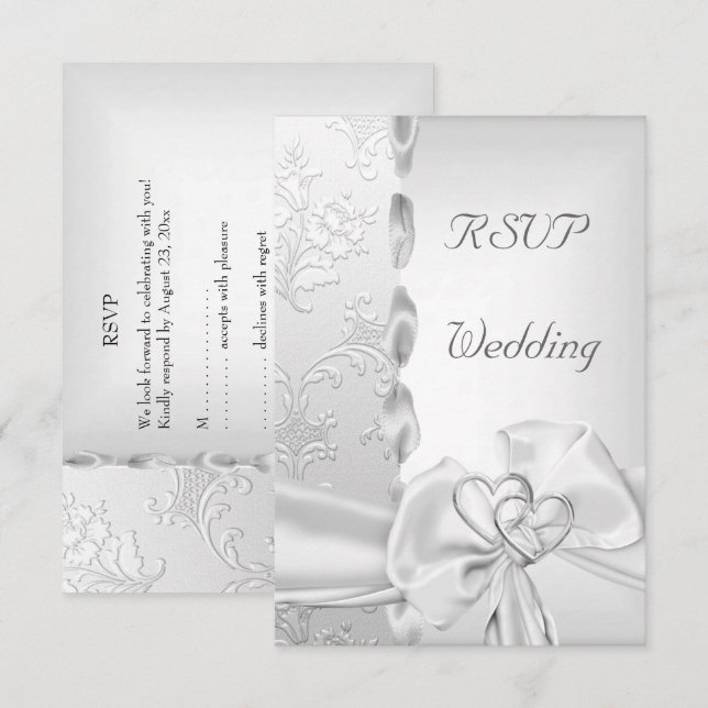 UAwg Elegant Wedding Floral Silver White Bow Herz Einladung (Vorne/Hinten)