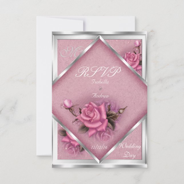 UAWG Elegant Wedding Pink Rose Silver Bouquet RSVP Karte (Vorderseite)