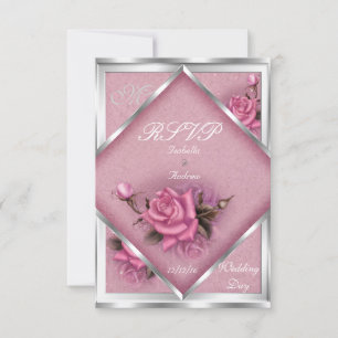 UAWG Elegant Wedding Pink Rose Silver Bouquet RSVP Karte