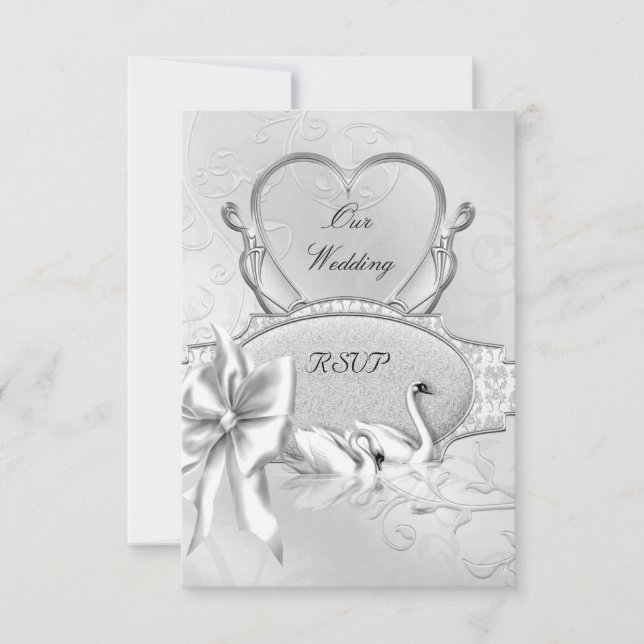 UAWG Elegant Wedding Silver White Swans Heart Bow RSVP Karte (Vorderseite)