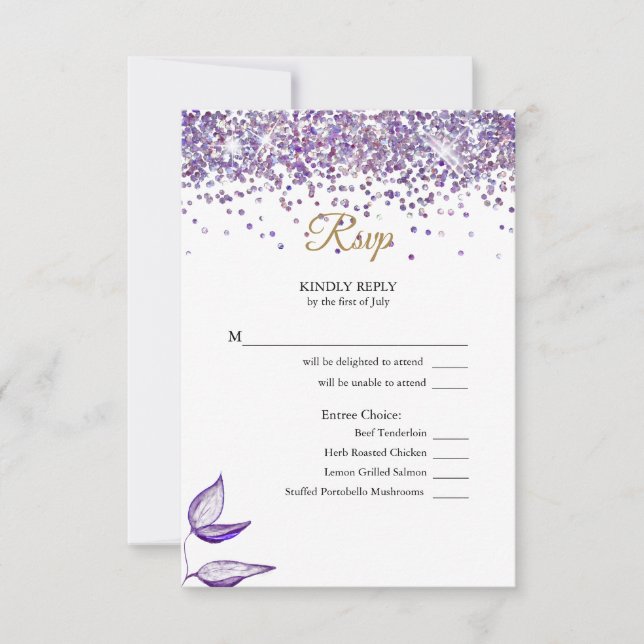 UAWG Eleganter Lila Glitzer und Foliage RSVP Karte (Vorderseite)