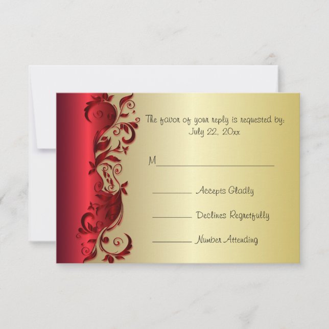 UAWG Elegantes Red & Gold Florid Wedding Design RSVP Karte (Vorderseite)