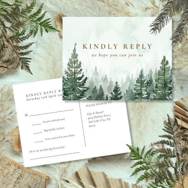 UAwg für die Tanzmusik von Pinien Postkarte (Watercolor Pine Forest Song Request RSVP Postcard)