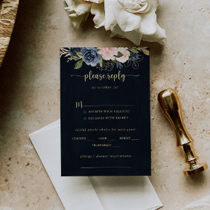 UAwg für Hochzeitsmenüs in Navy Blush Floral Gold RSVP Karte