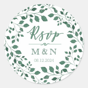 UAWG   Green Blätter Wreath Monogram Wedding Runder Aufkleber