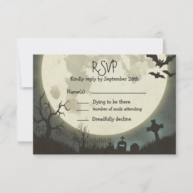UAWG Halloween Hochzeit mit Vollmond und Friedhof RSVP Karte (Vorderseite)