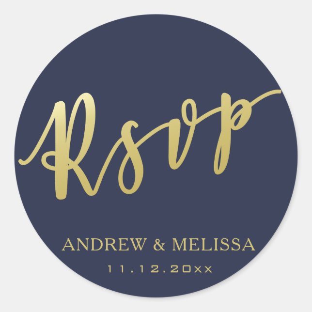 UAWG | Imitate Gold Brush Script - Navy Blue Weddi Runder Aufkleber (Vorderseite)