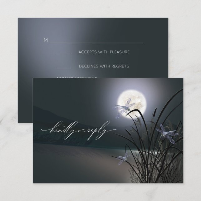 UAWG Menu Dusty Blue Grey Moonlight Dragonflies RSVP Karte (Vorne/Hinten)