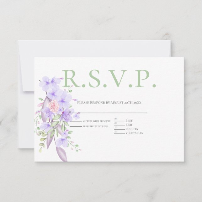 UAWG mit Menüauswahl Violett Rosa Blütenfarbe RSVP Karte (Vorderseite)