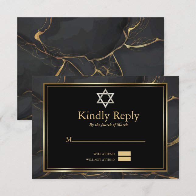 UAWG Modern Black Gold Marmor Bar Mitzvah Einladung (Vorne/Hinten)