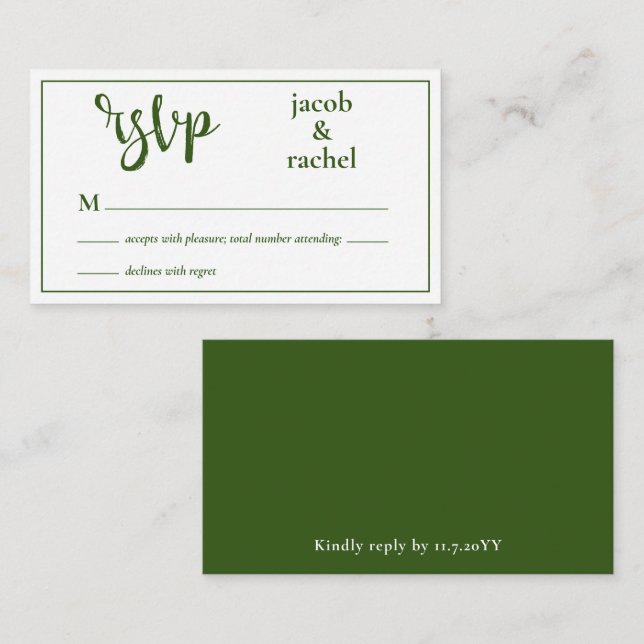 UAWG Modern Dark Forest Green Wedding RSVP Card Mitteilungskarte (Vorne/Hinten)