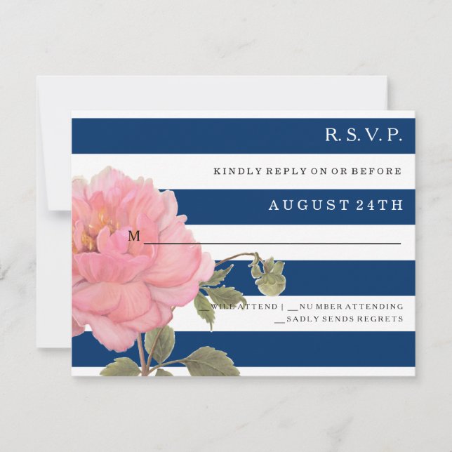 UAWG MODERN Navy Blue Stripes Pink Peony Blume RSVP Karte (Vorderseite)
