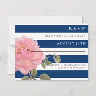 UAWG MODERN Navy Blue Stripes Pink Peony Blume RSVP Karte