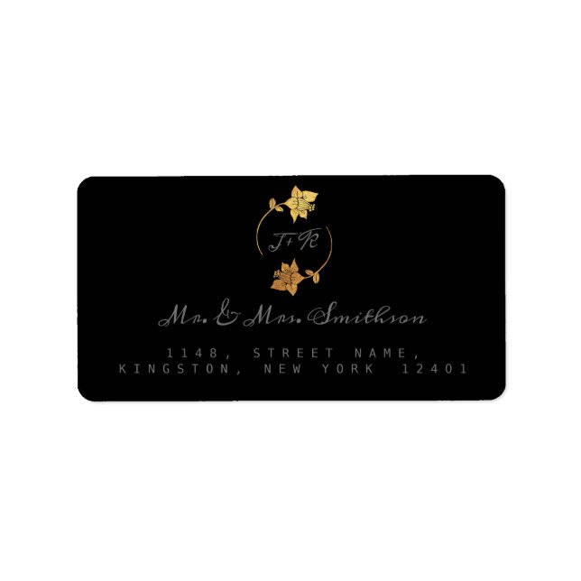 UAWG Monogram Black Gray Gold Wreath Blume Adressaufkleber (Vorne)