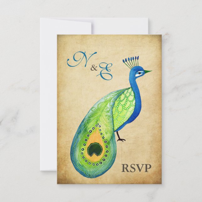 UAWG Monogram Vintag Peacock Wedding Cards RSVP Karte (Vorderseite)