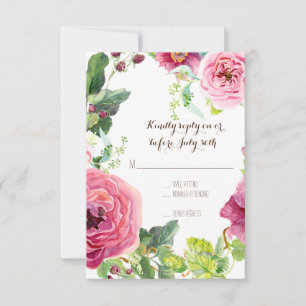 UAWG Peony Rose Wreath Leaf Raspberr Modern Simple RSVP Karte