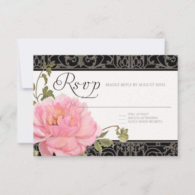UAWG Pink Peony Fence Elegante Blumenhochzeiten RSVP Karte (Vorderseite)