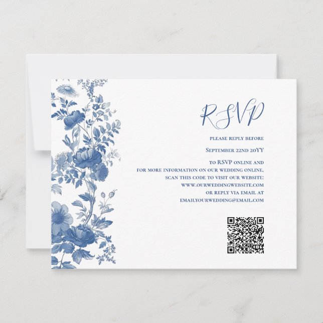 UAWG QR Code French Floral Toile Blue Wedding RSVP Karte (Vorderseite)