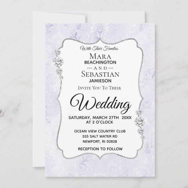 *~* UAWG + QR + FOTO Diamant Damask Hochzeit Einladung (Vorderseite)