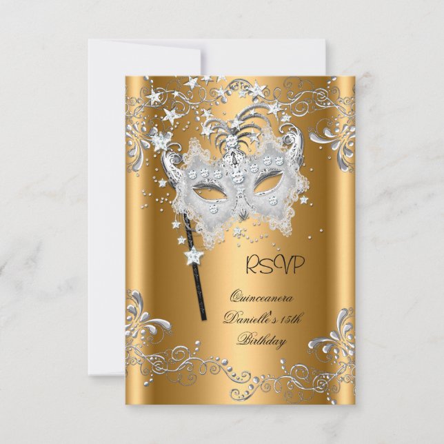 UAWG Quinceanera 15. Geburtstag Gold Masquerade RSVP Karte (Vorderseite)