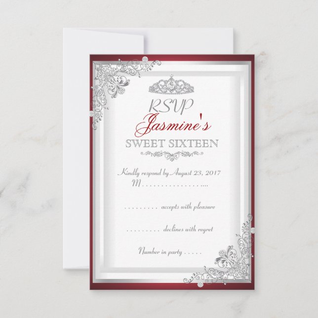 UAWG Red Silver Damask Tiara Sweet 16 RSVP Karte (Vorderseite)