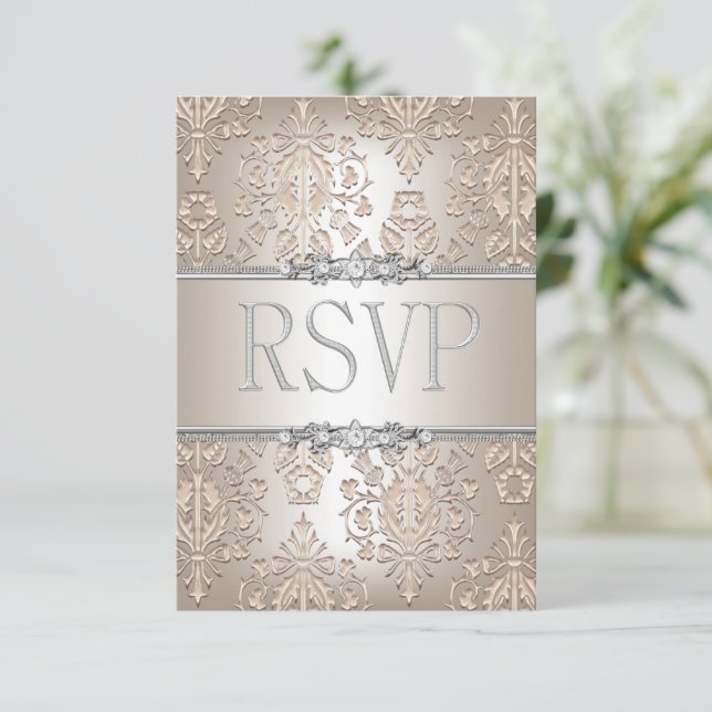 UAWG Reply Elegant Damask Cream Silver Floral RSVP Karte (Stehend Vorderseite)