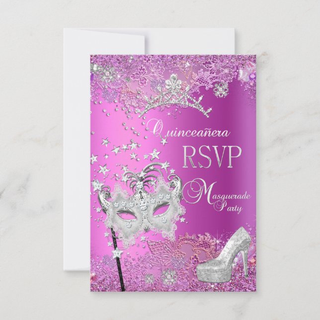 UAWG Reply Masquerade Quinceanera 15. Party Rosa RSVP Karte (Vorderseite)