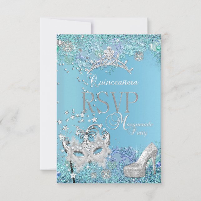 UAWG Reply Masquerade Quinceanera Blue Tiara Shoe RSVP Karte (Vorderseite)