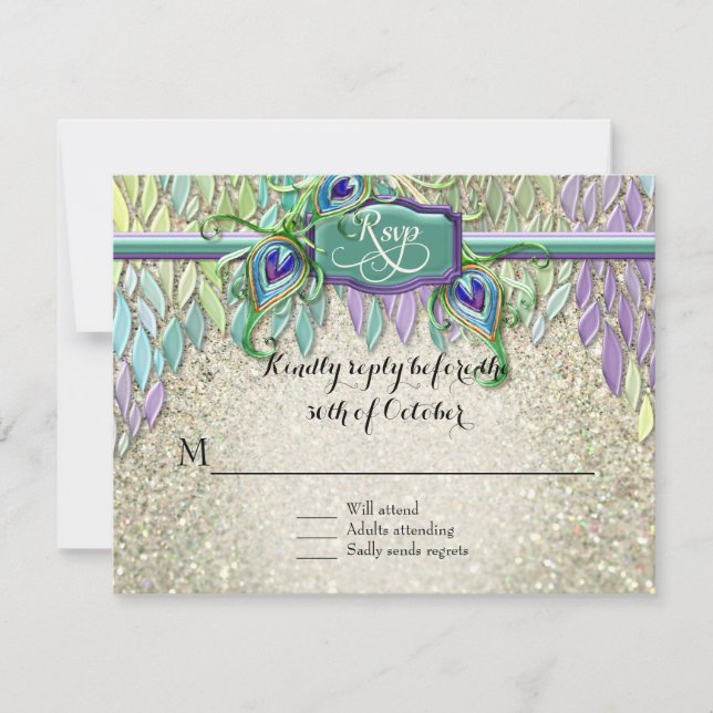 UAWG Response Art Deco Peacock Feathers Script Art RSVP Karte (Vorderseite)