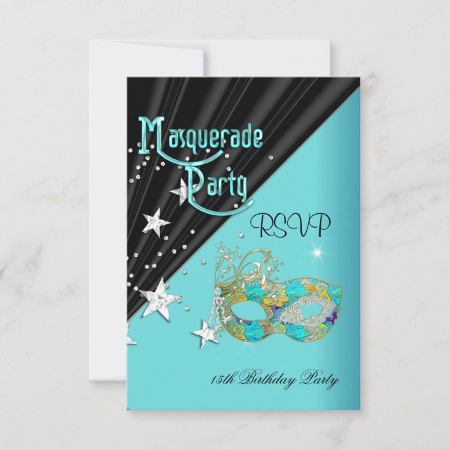 UAWG Response Birthday Party Aquamarin Gold Mask RSVP Karte (Vorderseite)