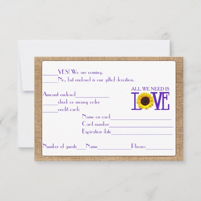 UAWG Response Burlap und Sunflower Lila RSVP Karte (Vorderseite)