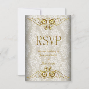 UAWG Response Wedding Beige Gold Damask RSVP Karte