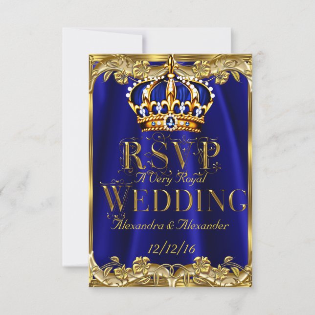 UAWG Royal Blue Navy Wedding Gold Crown 3 RSVP Karte (Vorderseite)