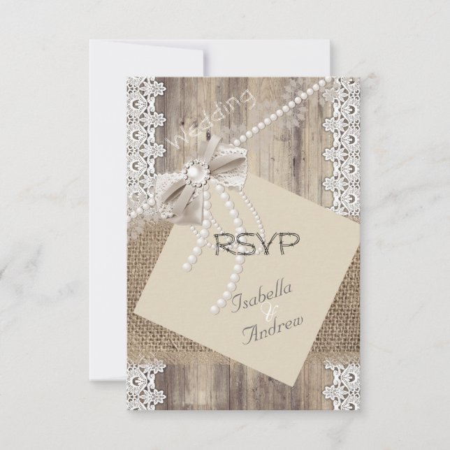 UAWG Rustic Wedding Beige Pearl Lace Wood Burlap 4 RSVP Karte (Vorderseite)