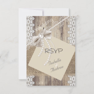 UAWG Rustic Wedding Beige Pearl Lace Wood Burlap 4 RSVP Karte