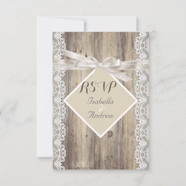 UAWG Rustikale Hochzeit Beige Weißer Spitzenholz RSVP Karte (Vorderseite)