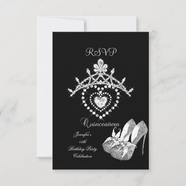 UAWG Schwarz-weiß Quinceanera Party Schuhe Tiara RSVP Karte (Vorderseite)