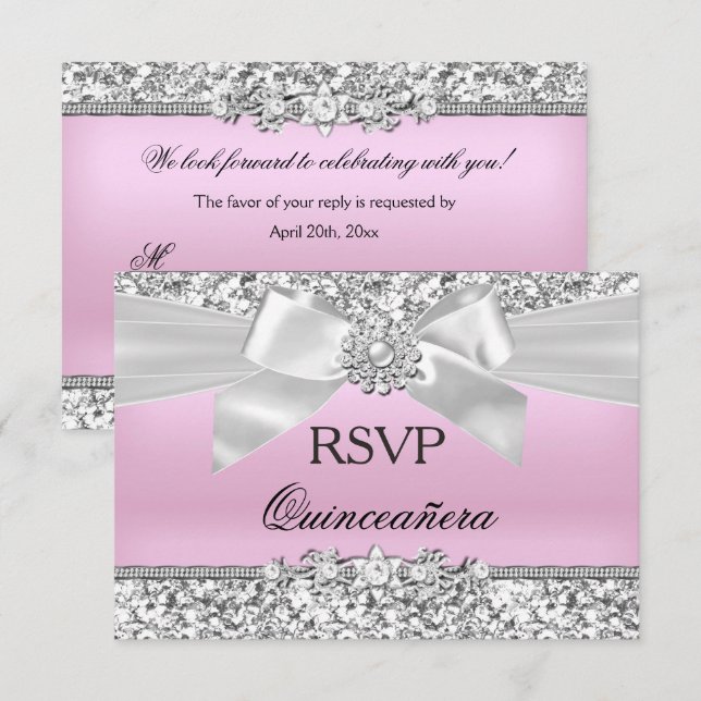 UAWG Silver Pink Glitzer Jewel Bow Quinceanera Einladung (Vorne/Hinten)